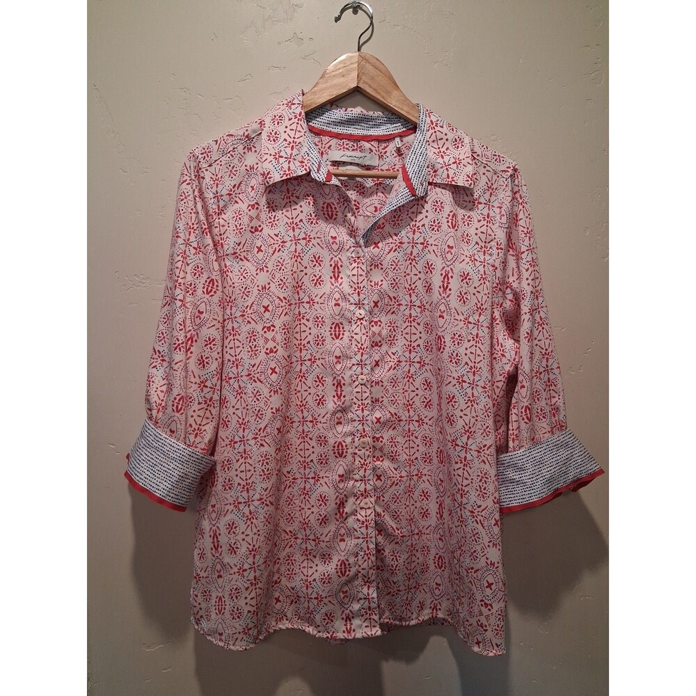 Foxcroft Wmns Sz 14 Shaped White Pink Blue Print Wrinkle Free Button‎ Down Shirt